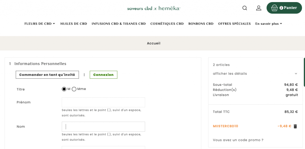 saveurs cbd - panier et code promo