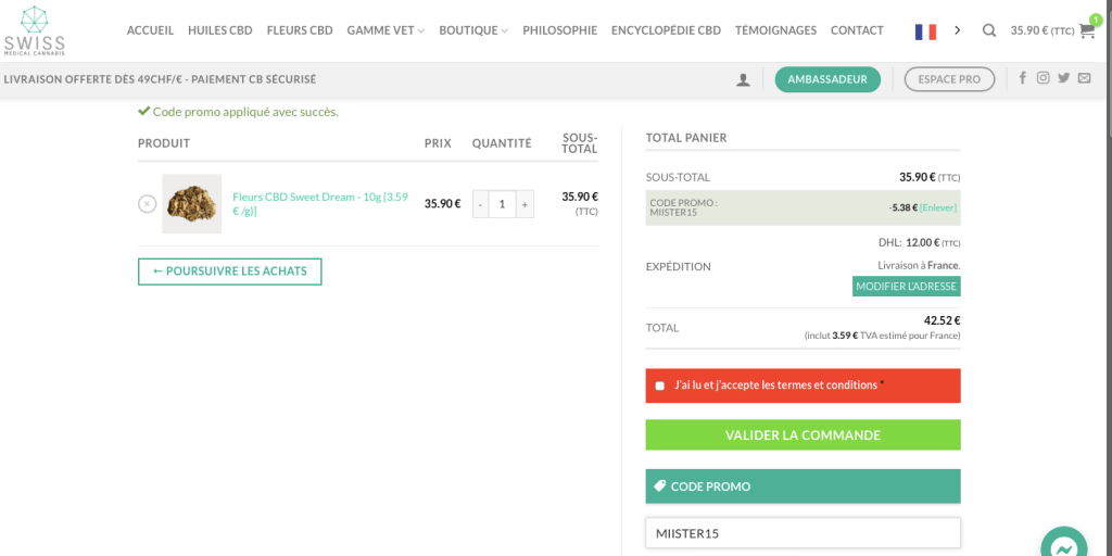 Swiss medical cannabis - Panier - Code promo miister15